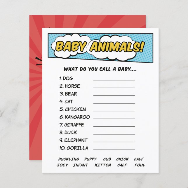 Its A Boy Comic Book Superhero Baby Animals Game (Front/Back)
