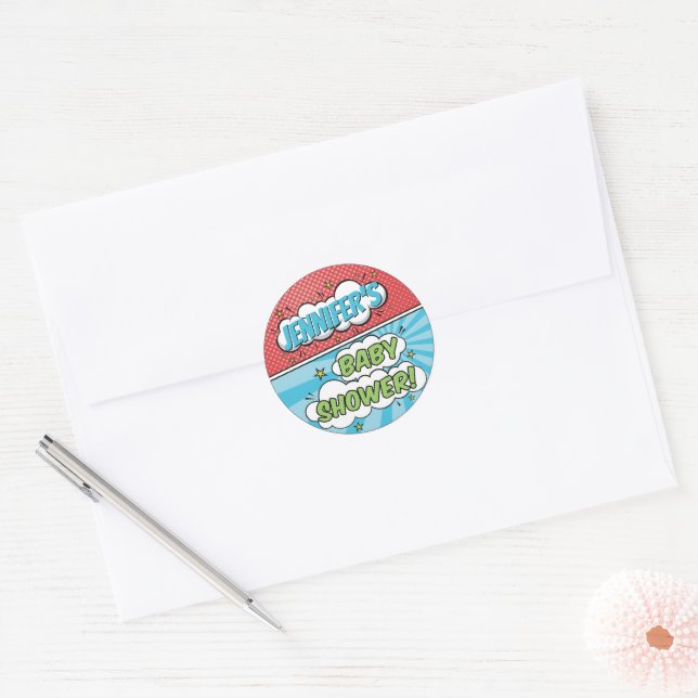 Its A Boy Comic Book Superhero Baby Shower Classic Round Sticker (Envelope)