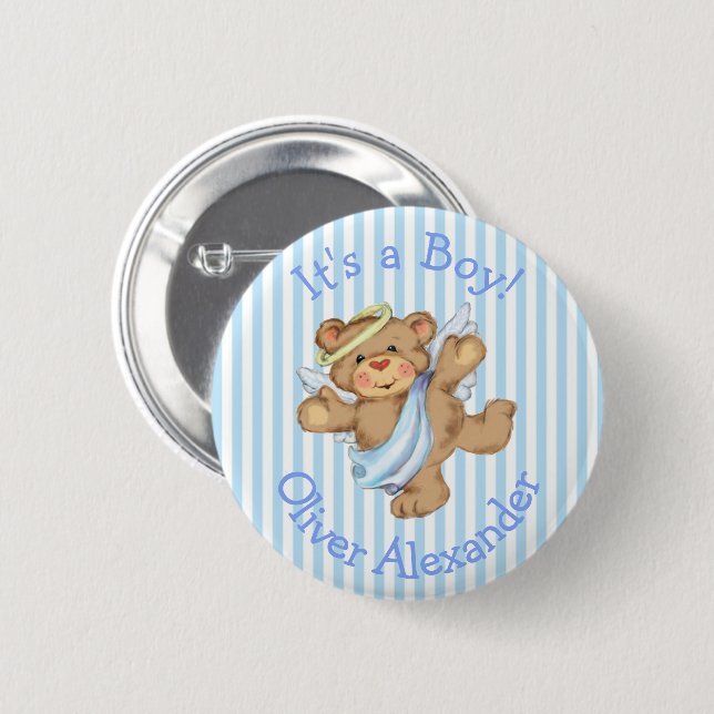 Its a Boy Custom Teddy Bear Angel 2 Inch Round Button (Front & Back)