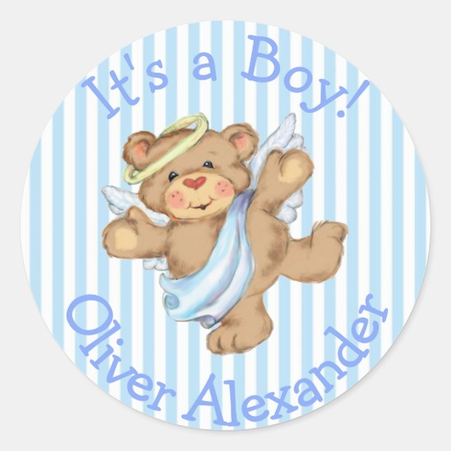 Its a Boy Custom Teddy Bear Angel Classic Round Sticker (Front)