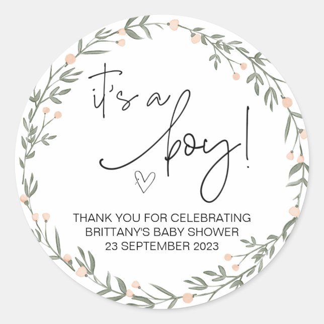  It's a Boy Cute Baby Shower Party Favour Greenery Classic Round Sticker (Front)