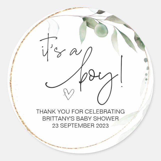  It's a Boy Cute Baby Shower Party Favour Greenery Classic Round Sticker (Front)