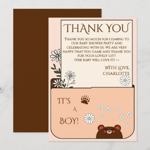 It's A Boy! Cute Bear & Daisy Flowers Baby Shower Thank You Card