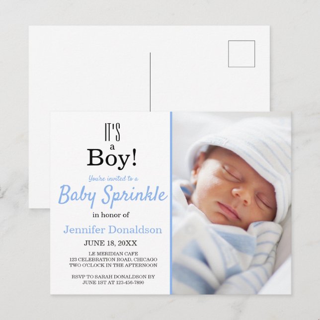 It's A Boy Cute Blue Baby Sprinkle Invitation Postcard (Front/Back)