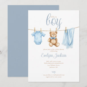 Its A Boy Cute Blue Clothesline Baby Shower Invitation
