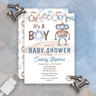 It's A Boy Cute Blue   Greige Robot Baby Shower  Invitation
