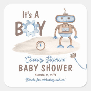 It's A Boy Cute Blue   Greige Robot Baby Shower  Square Sticker