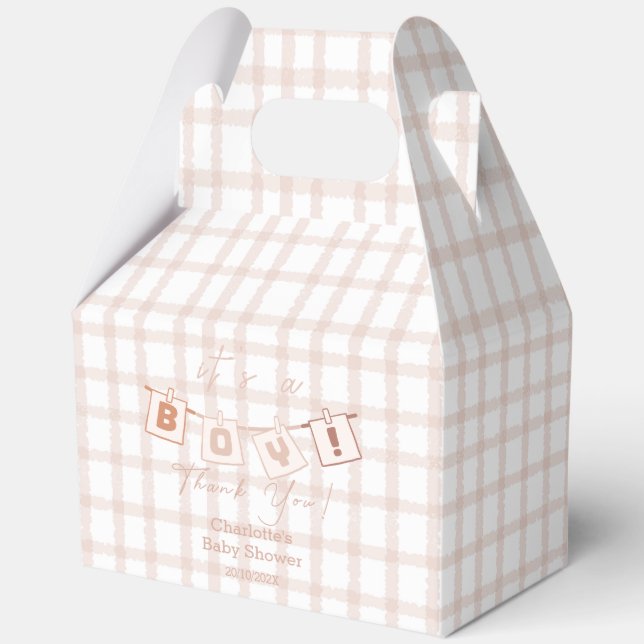 It's a Boy! Cute Brown Gingham Notedry Baby Shower Favor Box (Front)