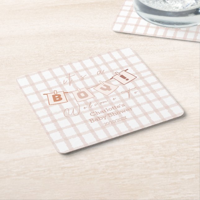 It's a Boy! Cute Brown Gingham Notedry Baby Shower Square Paper Coaster (Angled)