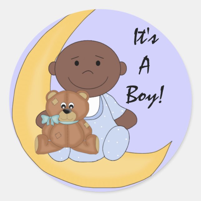 It's A Boy - Cute Dark Skin Baby Cartoon Classic Round Sticker (Front)