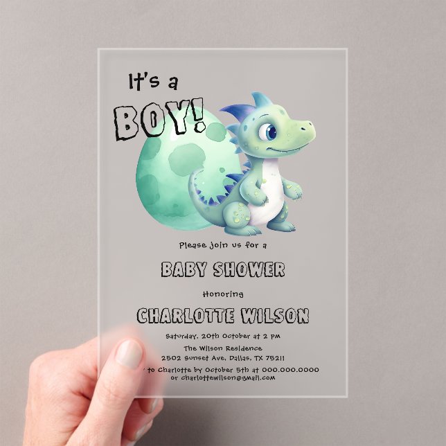 It's a Boy! Cute Dinosaur with Its Egg Baby Shower Acrylic Invitations (Insitu (Handheld))
