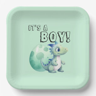 It's a Boy! Cute Dinosaur with Its Egg Baby Shower Paper Plate