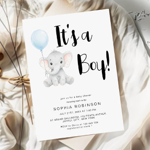 It's a Boy Cute Elephant Typography Baby Shower Invitation