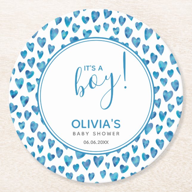 It's A Boy Cute heart baby shower Round Paper Coaster (Front)