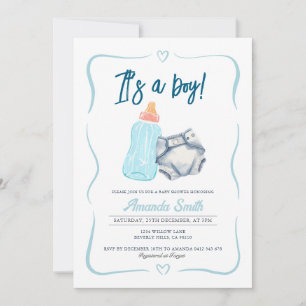 It's a boy Cute Milk Bottle and Diaper Invitation