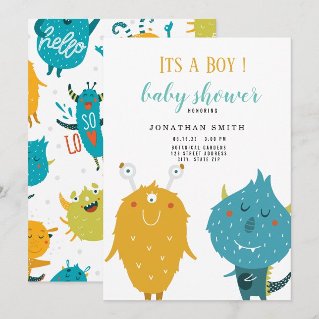 Its a boy Cute monster baby shower Invitation (Front/Back)