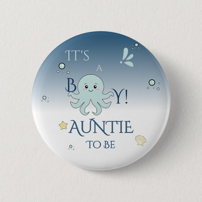It's A Boy! Cute Ocean Animals Auntie-to-be 2 Inch Round Button (Front)