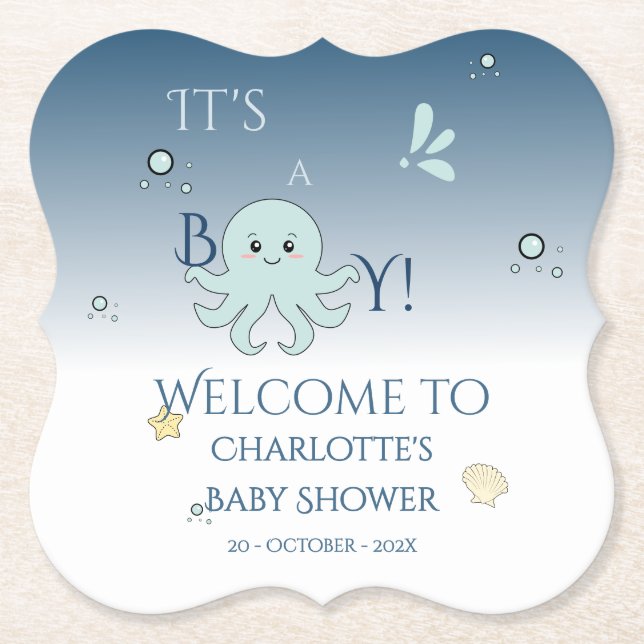 It's A Boy! Cute Ocean Animals Baby Shower Paper Coaster (Front)