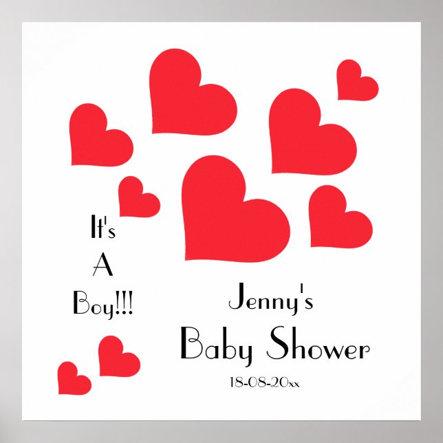 It's A Boy! - Cute Red Hearts Custom Baby Shower Poster (Front)
