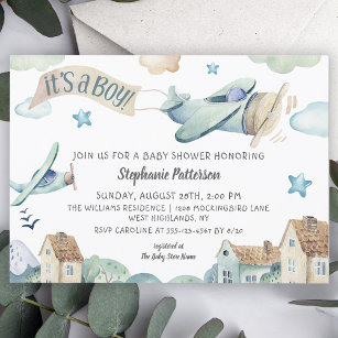 It's a Boy Cute Watercolor Airplanes Baby Shower Invitation