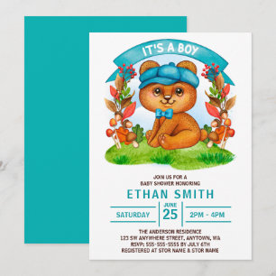 It's a Boy Cute Watercolor Bear Baby Shower Invitation