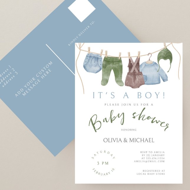 its a Boy Cute Watercolor Clothes Baby Shower Postcard (Creator Uploaded)