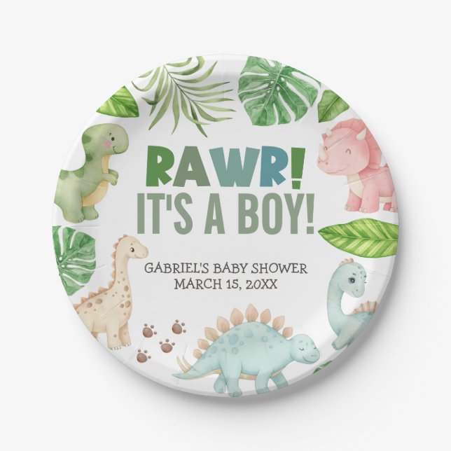 It's a Boy Dinosaur Baby Shower Paper Plate