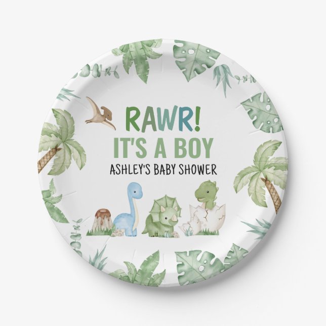 It's A Boy Dinosaur Baby Shower  Paper Plate (Front)