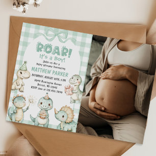 It's A Boy Dinosaur Gingham Baby Shower Photo Invitation