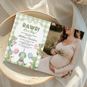 It's A Boy Dinosaur Gingham Baby Shower Photo Invitation