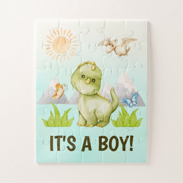 Its A Boy Dinosaur Theme Gender Reveal Baby Shower Jigsaw Puzzle (Vertical)