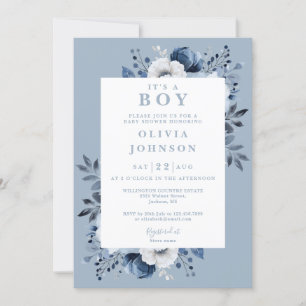 Its A Boy Dusty Blue Elegant Floral Baby Shower Invitation