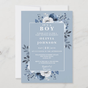 Its A Boy Dusty Blue Floral All In One Baby Shower Invitation
