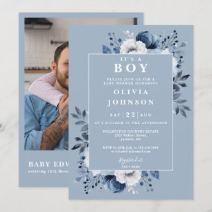 Its A Boy Dusty Blue Floral Photo QR Baby Shower Invitation