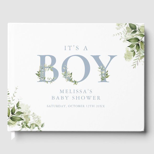 Its A Boy Dusty Blue Greenery Letter Baby Shower Guest Book (Front)