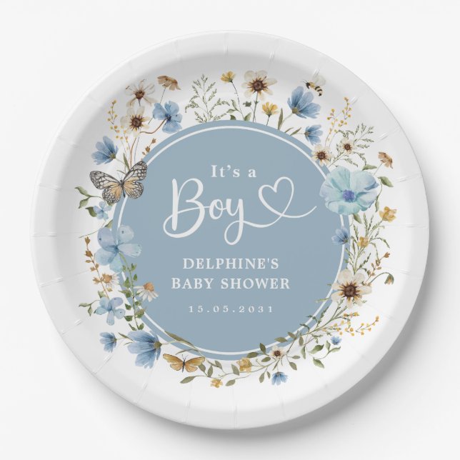 It's a Boy | Dusty Blue Wildflower Baby Shower Paper Plate (Front)
