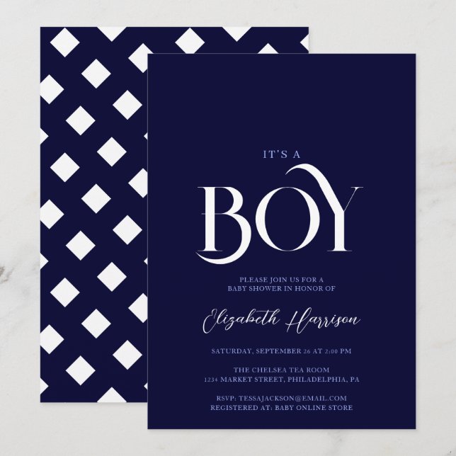 "it's a boy" Elegant Chic Navy Blue Baby Shower Invitation (Front/Back)