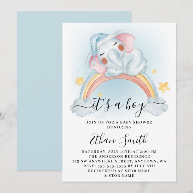 It's A Boy Elephant Rainbow Watercolor Baby Shower Invitation (Front/Back)