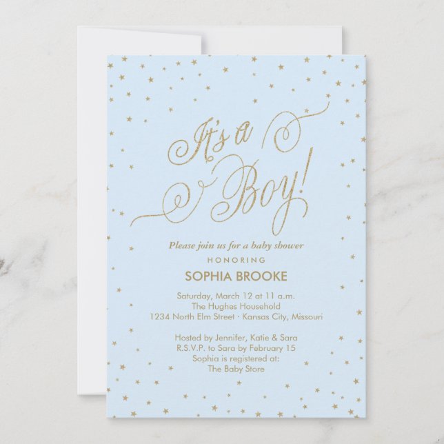It's a Boy Fancy Gold Stars Blue Baby Boy Shower Invitation (Front)
