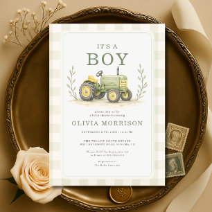 It's a Boy Farmer Tractor Gingham Baby Shower Invitation