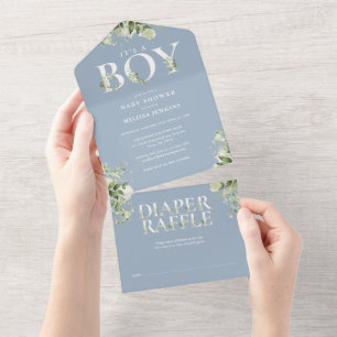 Its A Boy Floral Greenery Dusty Blue Baby Shower All In One Invitation