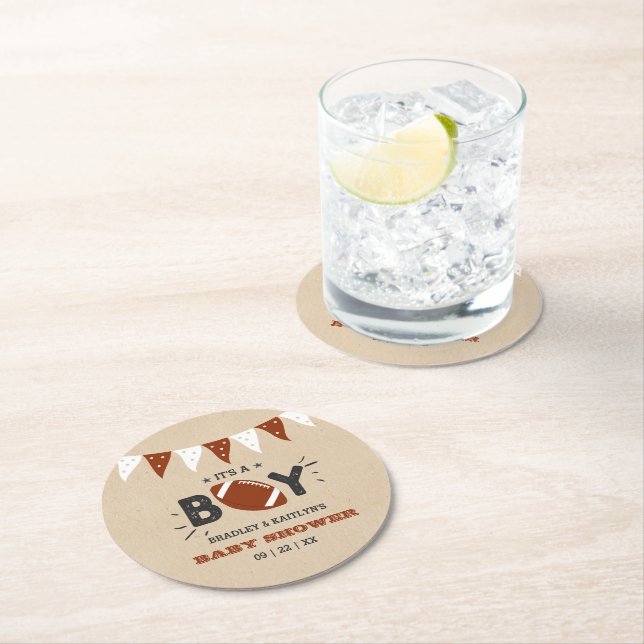 It's A Boy! Football Themed Co-ed Baby Shower Round Paper Coaster (Insitu)