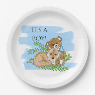 It's a Boy, Fox and Teddy Bear Baby Shower Paper Plate