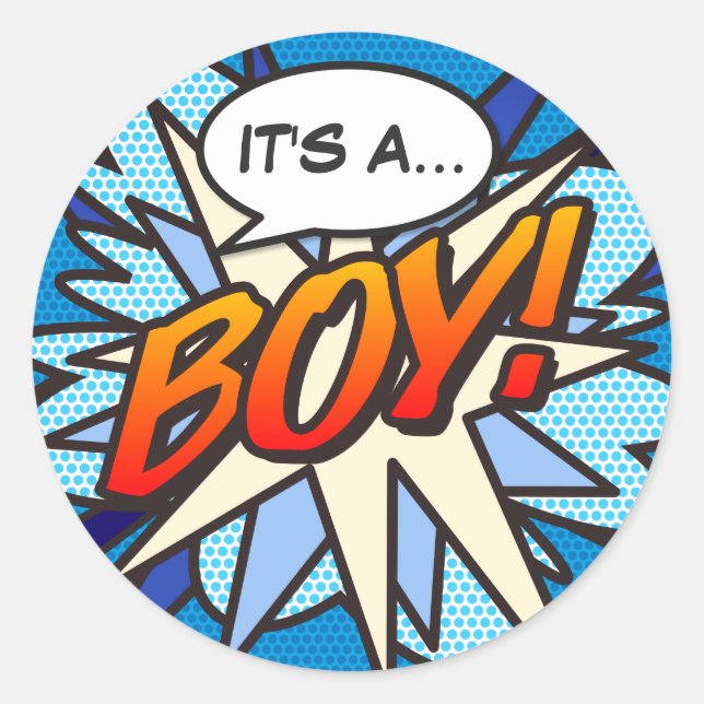 IT'S A BOY Gender Reveal Fun Retro Comic Book Classic Round Sticker (Front)