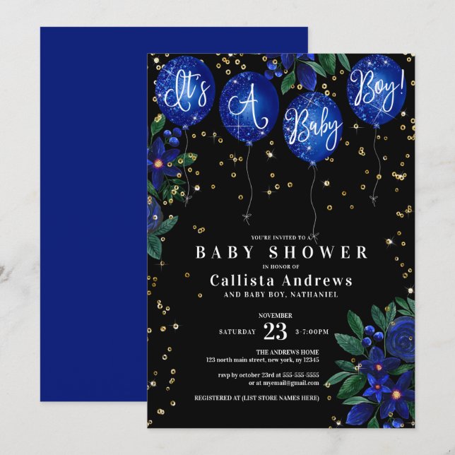 It's a Boy Glitter Balloons Floral Baby Shower Invitation (Front/Back)