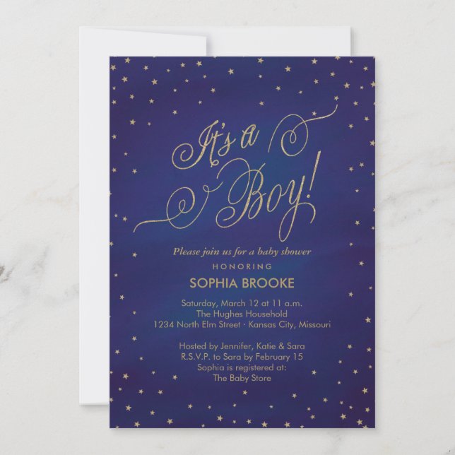 It's a Boy Gold Stars & Night Sky Baby Shower Invitation (Front)