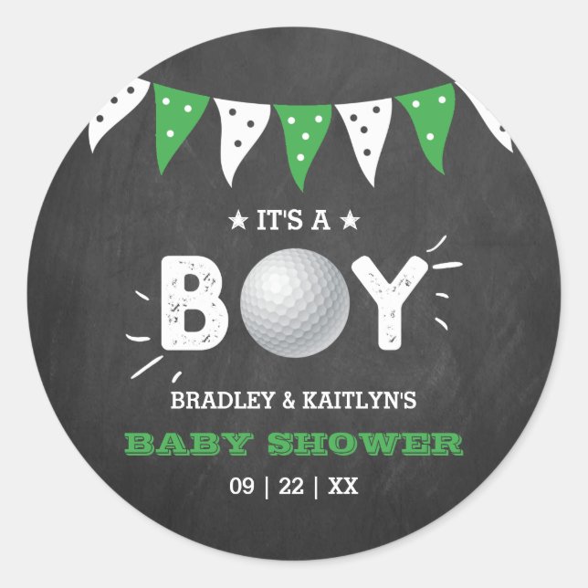 It's A Boy! Golf Themed Co-ed Baby Shower Classic Round Sticker (Front)