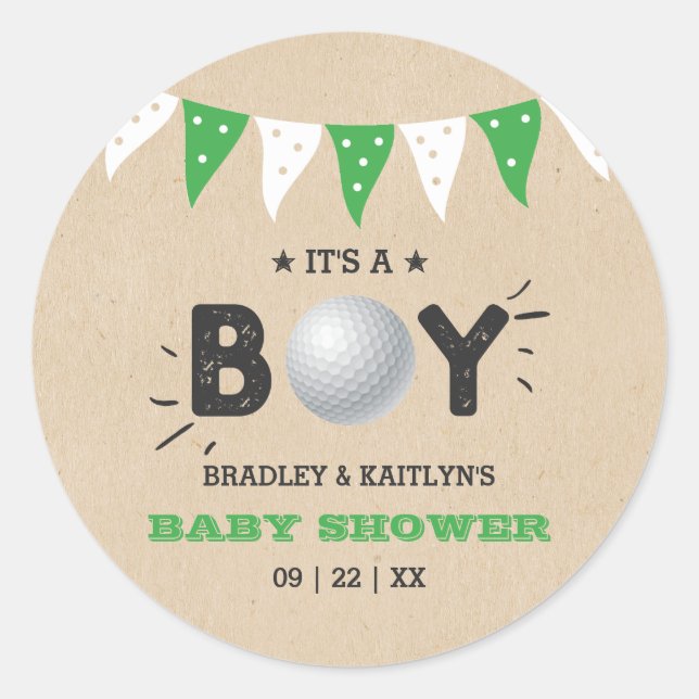 It's A Boy! Golf Themed Co-ed Baby Shower Classic Round Sticker (Front)