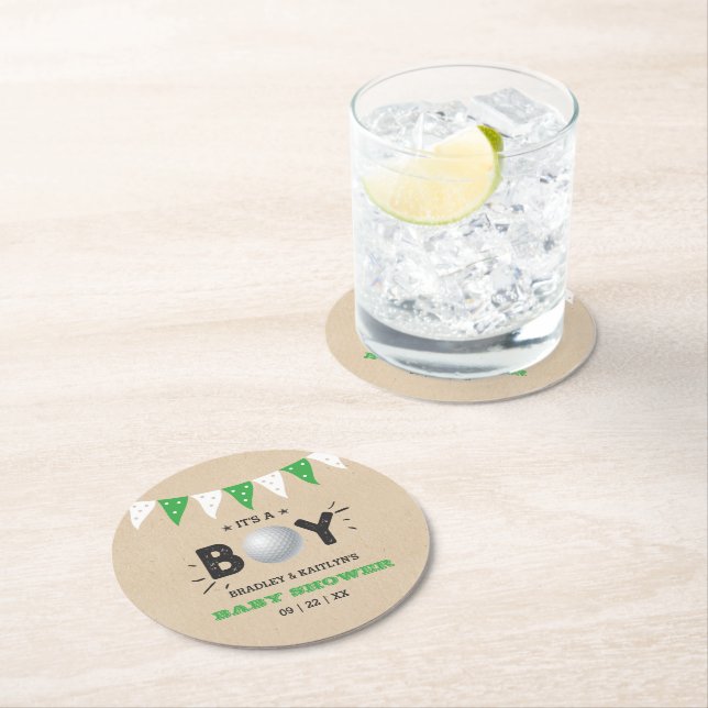 It's A Boy! Golf Themed Co-ed Baby Shower Round Paper Coaster (Insitu)