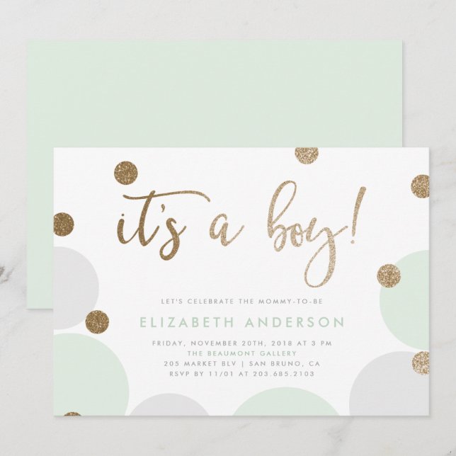 It's a Boy! | Green & Gold Confetti Baby Shower Invitation (Front/Back)